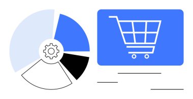 Gear entegre pasta grafiği bir alışveriş arabası grafiği ile birlikte veri ve ilerlemeyi temsil ediyor. Analiz, e-ticaret, perakende, iş stratejileri, pazarlama, optimizasyon ve büyüme için ideal. Düz