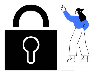 Sıradan giysili bir kadın büyük boy asma kilidi işaret ediyor. Temalar güvenlik, gizlilik, güven, veri koruması, kullanıcı erişimi, güvenlik ve şifrelemeyi düz bir metaforda parmakla vurgular