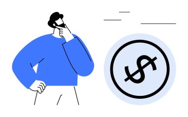 Mavi elbiseli adam, elleri çenesinde, neredeyse dolar işaretinin üzerini çizmiş. Finans, para şüpheleri, bütçe, karar verme, ekonomi, kişisel finans planlaması için idealdir. Düz basit metafor