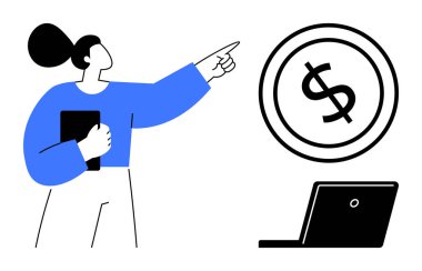 Not defteri tutan ve dizüstü bilgisayarın yanındaki dolar işaretini gösteren bir kadın. Finans, yatırım, hedefler, fırsatlar, çevrimiçi hizmetler, liderlik, eğitim için ideal. Düz basit metafor
