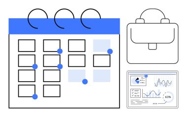 Mavi görev işaretleyicileri, evrak çantası ve veri analiz paneliyle takvim. Program, organizasyon, yönetim, üretkenlik, iş stratejisi, finansal planlama dairesi için ideal basit bir metafor