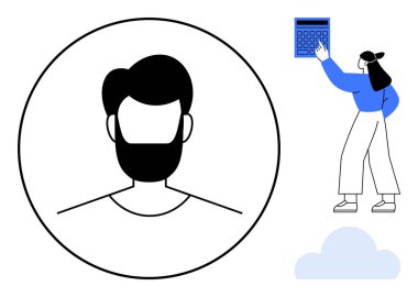 Bir erkeğin çember içindeki minimalist avatarı ve hesap makinesini işaret eden kadın. Kullanıcı profili, dijital kimlik, takım çalışması, finansal planlama, veri analizi, dijital araçlar, düz basit