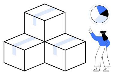 Veri tablosunu işaret eden bir kadının yanına istiflenmiş karton kutular. Lojistik, envanter, veri analizi, ambalaj, satış, tedarik zinciri ve depo yönetimi için ideal. Düz basit metafor