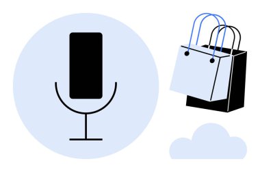 Akıllı telefonlu, alışveriş çantalı ve modern tarzda bulutlu bir mikrofon ikonu. Çevrimiçi alışveriş, ses kontrolü, teknoloji, e-ticaret, bulut hesaplama dijital iletişim perakendecisi için ideal