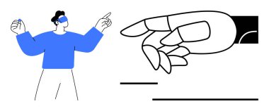 İnsan, robot ele bakan sanal gerçeklik kulaklığındaki jestler işbirliğini, gelecekteki yeniliği ve yapay zeka entegrasyonunu sembolize eder. Teknolojik gelişmeler, otomasyon, ai, VR araçları, takım çalışması dijital için ideal