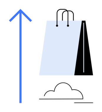 Alışveriş torbası yukarı ok ve bulut elementinin yanında. Büyüme metrikleri, başarı, çevrimiçi satışlar, e-ticaret, perakende gelişimi, iş dönüşümü, düz basit metafor