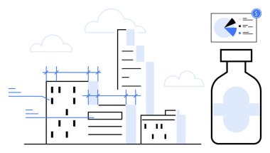 İnşaat halindeki gökdelenler, sağlık hizmetlerinde yenilik öngören veri grafikleri, büyüme, kentleşme, sürdürülebilirlik, tıbbi araştırma, mimari ve ilerleme. Fütürist için ideal