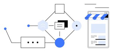 Birbirine bağlı şekillere sahip akış şeması, akıllı telefon ekranını birbirine bağlayan düğümler. İş akışı, e-ticaret, strateji, otomasyon, planlama, bağlantı operasyonları için ideal. Düz basit metafor
