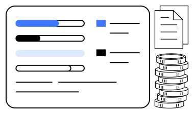 Veri içgörülerini temsil eden ilerleme çubukları, görevleri simgeleyen belgeler ve istiflenmiş paralar mali büyümeyi simgeliyor. Üretkenlik, finans, proje planlaması, bütçe belirleme, analiz, iş dünyası için ideal