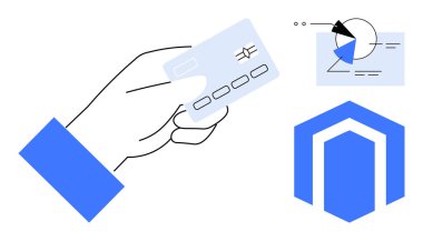Elinde bir çip kredi kartı, üzerinde veri noktaları olan geometrik çizelge ve altıgen finansal amblem var. Finans, bankacılık, ödeme sistemleri, veri içgörüleri, ticaret teknolojisi güvenliği için idealdir. Düz basit