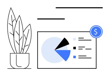 Finansal ikonlu pasta grafiği, metin satırları ve denge için saksı bitkisi. Finans, yatırım, analiz, iş raporu, modern tasarım, büyüme stratejisi için ideal düz metafor