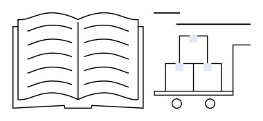 Yığılmış kutular, lojistik, dağıtım, bilgi paylaşımı, envanter, öğrenme kaynakları ve verimli iş akışlarını düz bir basit olarak taşıyan bir el arabasının yanında metin satırları olan açık bir kitap