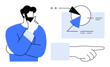 Pasta grafiği çizen bir adam, odaklanmak ve yön bulmak için verileri işaret ediyor. Analiz, karar verme, planlama, problem çözme, iletişim, eğitim ve görselleştirme için ideal. Düz basit