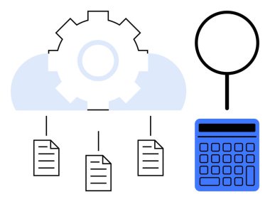 Vites, bulut ve belgeler sistem organizasyonunu işaret ediyor. Büyüteç arama ya da analiz gösteriyor. Hesap makinesi hesaplamayı ön plana çıkarır. Teknoloji, veri bilimi, organizasyon ve verimlilik için ideal