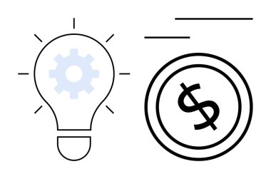 Dolar işaretinin yanında vites simgesi olan bir ampul. Yenilikçilik, problem çözme, iş büyümesi. Teknoloji, finans, yatırım, girişimcilik ve planlama stratejisi için ideal