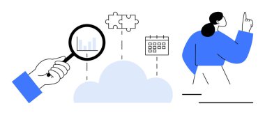 Bar çizelgesinin üzerinde el ele tutuşan büyüteç, bulmaca parçalarına ve takvime bağlanan bulut, yukarı bakan kadın. Analiz, planlama, problem çözme, fikirler, takım çalışması, strateji için ideal