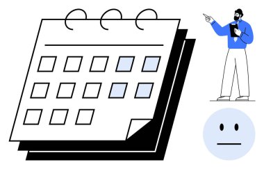 İşaretli tarihli masa takvimi, işaret eden ve elinde tuttuğu defter ve tarafsız yüz simgesi. Zamanlama, organizasyon, sunumlar, zaman yönetimi, verimlilik için ideal süre