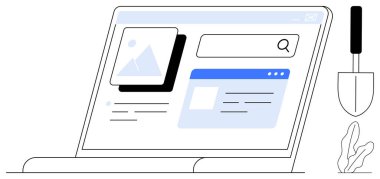 Laptop ekranı arama çubuğu, fotoğraf düzenleme ve bahçe aletleri ve bitkinin yanında web sayfası içeriği. Teknoloji, yaratıcılık, bahçıvanlık, arama, araçlar, çoklu görev dijital tasarım için ideal