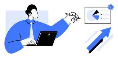 Pasta grafiğini analiz eden ve finansal başarıyı sembolize eden bir dizüstü bilgisayar üzerinde çalışan kişi. İş, finans, büyüme, strateji, veri, üretkenlik ve planlama için idealdir. Düz basit metafor