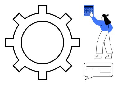 Bir dişlinin yanında hesap makinesiyle etkileşime giren bir kadın problem çözme ve üretkenliği ima ediyor. Takım çalışması, iş akışı, verimlilik, süreçler, problem çözme, geliştirme işbirliği için ideal. Düz