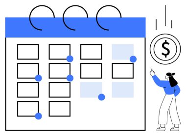 Belirlenmiş tarihler ve yüzen dolar işaretli takvim son teslim tarihlerini ve bütçeyi vurguluyor. Kadın dolar işaretini işaret ediyor. Üretim, bütçe, planlama, organizasyon, yönetim, programlama için ideal