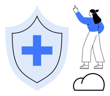 Tıbbi haç sembolü ve basit bulut grafiğiyle kalkanın yukarısına bakan kadın. Sağlık, güvenlik, sigorta, dijital koruma, yenilik, bulut hesaplama, basitlik için idealdir. Düz