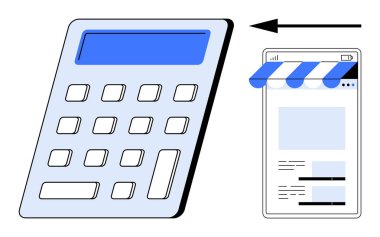 Hesap makinesi ve çevrimiçi mağaza önü sayfası, finansal yönetim ve e-ticaret metriklerini temsil ediyor. İş planlama, çevrimiçi satış, e-ticaret, bütçe, strateji, analitik, düz basit
