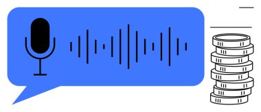 Ses dalgaları ve bozuk paralarla mavi konuşma balonunda mikrofon. Ses teknolojisi, fintech, yapay zeka, yenilik, konuşma analizi, para yönetimi, iletişim için ideal. Düz basit metafor