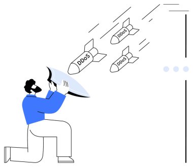 Kalkan tutan adam gelen DDoS füzelerini saptırıyor, siber güvenlik savunmasını, tehdit önlemeyi, dijital güvenliği sembolize ediyor. IT güvenliği, ağ koruması, risk yönetimi, esneklik ve siber ortam için ideal