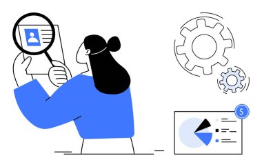 Bir kadın, profil kartını büyüteçle inceliyor, yanında da süreci sembolize eden dişliler ve verileri gösteren finansal pasta grafiği var. İşe alım, analiz, finans, takım çalışması ve insan kaynakları için ideal