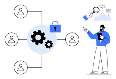 Ekip ağı merkezi dişli mekanizması ve güvenli kilit ile bağlandı. Büyüteçle profesyonel analiz verileri. Siber güvenlik, takım çalışması, analitik, teknolojik yenilik, işbirliği, strateji için ideal