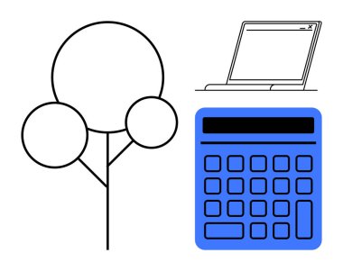 Dairesel elementlere sahip soyut ağaç, mavi bir hesap makinesi ve bir dizüstü bilgisayar taslağı. Sürdürülebilirlik, teknoloji, finans, eğitim, analiz yeniliği ve asgari tasarım için ideal. Düz basit metafor