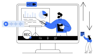 Uzaktan işbirliği araçları kullanarak sanal toplantı sırasında analitik çizelgeler sunan bir adam. Eğitim için ideal, webinarlar, çevrimiçi eğitim, takım çalışması, dijital işyerleri, uzaktan etkileşim, düz