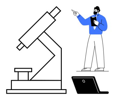 Bilim adamları sunum sırasında pano, dizüstü bilgisayar ve dev mikroskop kullandılar. Bilim, eğitim, araştırma, yenilik, keşif laboratuarı takım çalışması için idealdir. Düz basit metafor