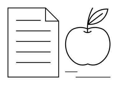 Çizgili belge kağıdının yanında yapraklı minimalist elma öğrenme, sağlık, beslenme, denge, sürdürülebilirlik, basitlik ve eğitim temalarını iletir. Okul ve sağlık belgelendirme simgeleri için ideal