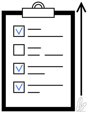 İşlem listeli pano, mavi işaretler ve ilerlemeyi simgeleyen yukarı doğru ok. Üretkenlik, organizasyon, görev yönetimi, hedef belirleme, kişisel gelişimi planlamak için idealdir. Düz