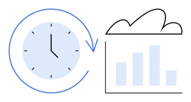 Dairesel ok ve bulutlu bar tablosuna sahip saat zaman yönetimini, bulut hesaplamasını, ilerleme takibini, veri depolamasını, tahminini, üretkenliği, yeniliği sembolize eder. Düz basit metafor