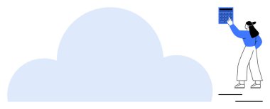 Sıradan giyinmiş bir kadın elinde hesap makinesiyle mavi bulutla etkileşime geçiyor. Teknoloji, veri depolama, bulut hesaplama, organizasyon, iş akışı, yenilik ve dijital dönüşüm için ideal