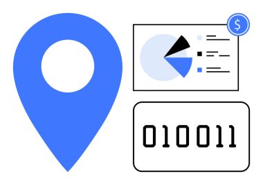 Mavi harita iğnesi, turta ve bar segmentli çizelge, ikili kod, veri görselleştirmesini öneren dolar sikkesi, coğrafi konumlandırma, finans izleme, iş analizi, teknoloji, istatistik düz metafor