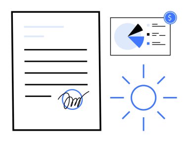 İmzalanmış sözleşme, büyüme unsurları olan pasta grafiği, dolar simgesi ve güneş ışığı finansal ilerlemeyi, yatırımı, başarıyı ve netliği sembolize ediyor. Ticari hedefler ve strateji finansman büyümesi için ideal