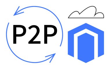 Bulutun altındaki mavi altıgen bir yapının yakınındaki dairesel oklar içinde P2P metni. Teknoloji, ağ paylaşımı, veri paylaşımı, bulut hesaplaması, bağlantılar, işbirliği, dosya transferi için ideal. Düz basit