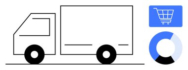 Teslimat kamyonu taslağı, mavi alışveriş arabası, pasta çizelgesi. E-ticaret, lojistik, dağıtım, tedarik zinciri, alışveriş analitik taşımacılık için ideal. Düz basit metafor