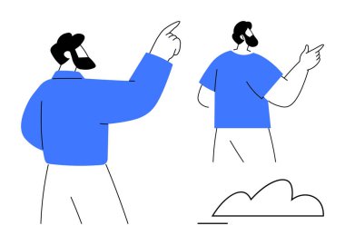 İki adam farklı yönlere hareket ediyor, işbirliğini, fikir paylaşımını ya da odaklanmayı vurguluyor. Takım çalışması, yönetim, beyin fırtınası, karar verme, liderlik rehberliği ve işbirliği için ideal