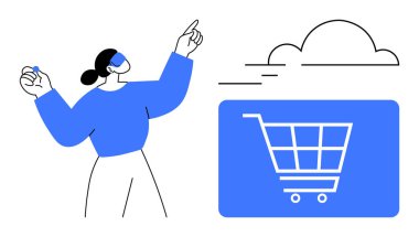 Bulut tabanlı dijital alışveriş arabasına doğru hareket eden bir kadın e-ticareti, bulut deposunu ve çevrimiçi perakendeciyi aydınlatıyor. Teknoloji, e-ticaret, yenilik, bulut hizmetleri, kullanıcı deneyimi için ideal