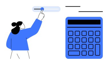 Mavi ceketli kişi, finans, bütçe ve karar verme mekanizmasını temsil eden dev bir hesap makinesinin yanında ayarlanabilir kaydıracıyla etkileşime geçiyor. Finans, hesaplama, muhasebe ve bütçe için ideal