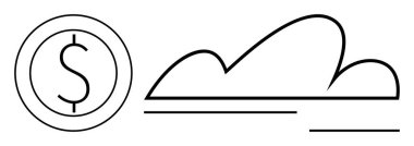 Basit madeni para ve temiz çizgileri olan bulut şekilleri. Finans, bulut teknolojisi, yenilik, çevrimiçi işlemler, minimalizm, tasarruf ve ekonomi kavramları için idealdir. Düz basit metafor