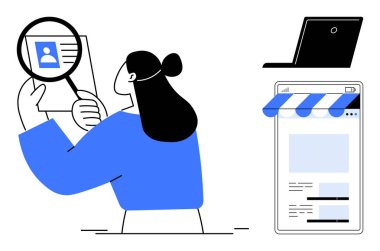 Dijital ve online alışveriş sembollerinin yanında bir de büyüteçle profil fotoğrafını inceleyen bir kadın. İşe alım, e-ticaret, dijital pazarlama, doğrulama, kullanıcı araştırması için ideal