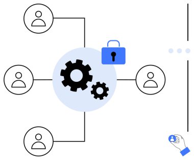 Merkezi vites simgelerine bağlı takım avatarları ağı ve kilit sembolü, güvenlik, takım çalışması ve operasyonları temsil eder. İşbirliği, teknoloji, veri gizliliği, iş akışı, güvenlik için ideal