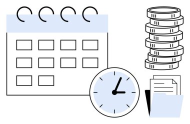 İşaretli tarihli takvim, yığınla bozuk para, saati gösteren saat ve organize belgeler. Zamanlama, bütçe planlaması, mali planlama, verimlilik, organizasyon proje yönetimi için ideal