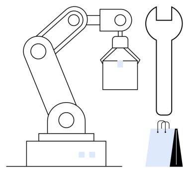 Robot kol kaldırma paketi, anahtar sembolik aletler, alışveriş torbaları perakende satışı öneriyor. Lojistik, yenilik, e-ticaret, otomasyon, endüstriyel teknoloji mekaniği için ideal. Düz basit metafor